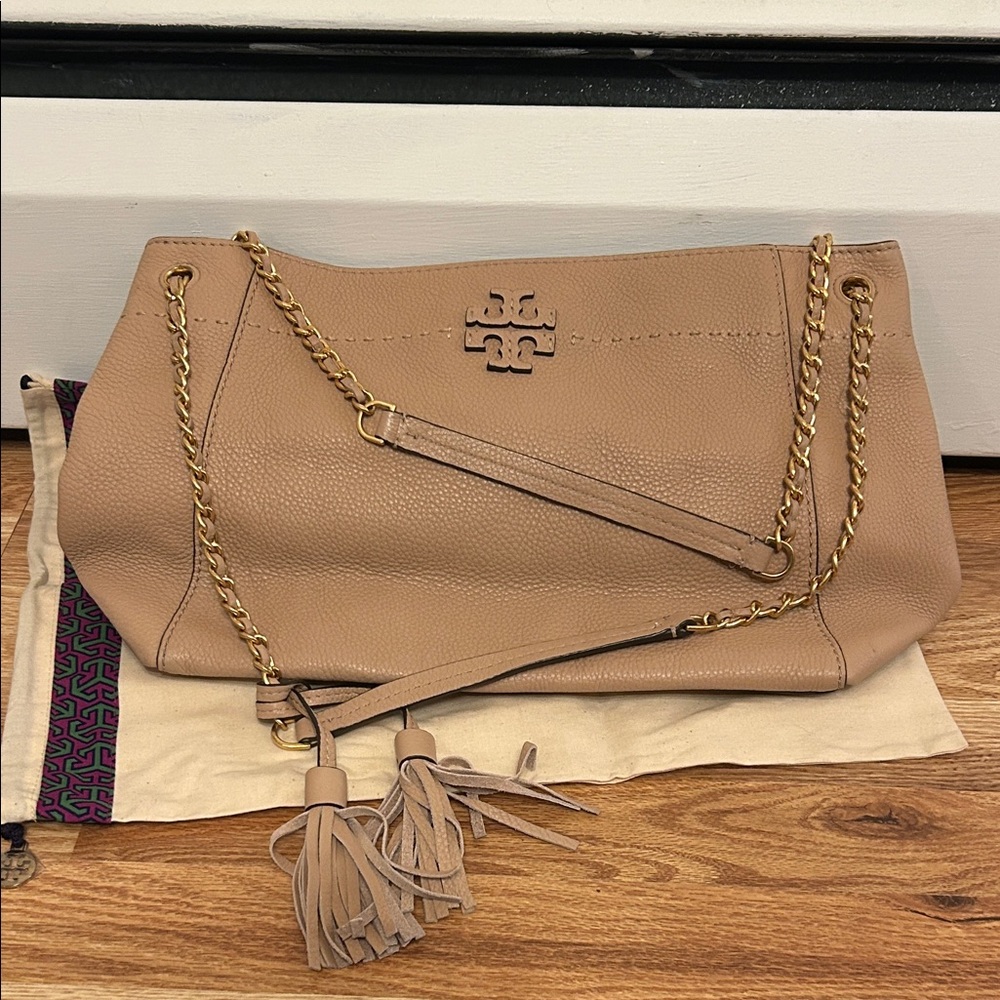 Tory Burch Beige Leather Chain Shoulder Bag with Tassels